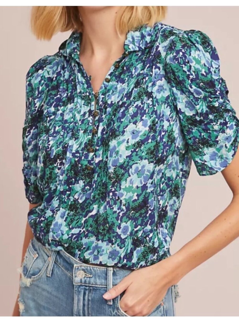 MAEVE by Anthropologie Maka Print Top Blouse Green Blue Collared Buttons Sz 4